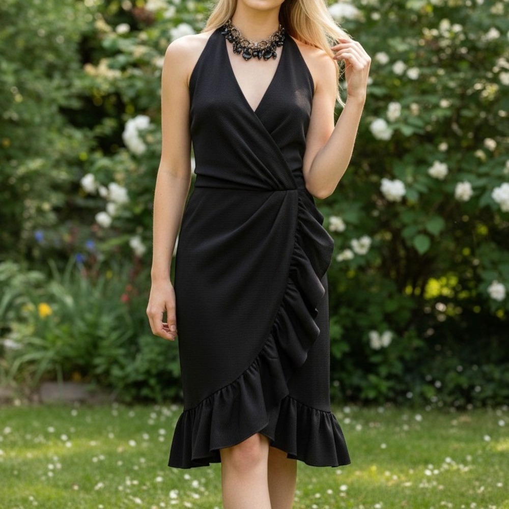 Vintage Albert Nipon Size 10 Dress Black Ribbed Halter Midi‎ Ruffle Wrap 3860